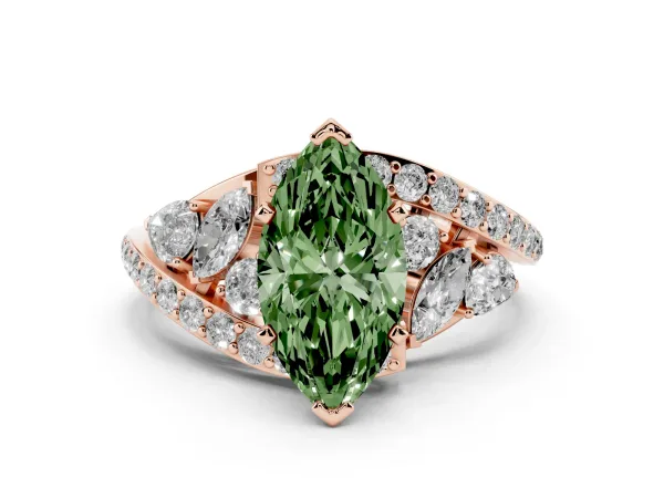Fancy Green Marquise Cut Diamond Halo Ring with Marquise and Pavé Band in Prong Setting Rose gold
