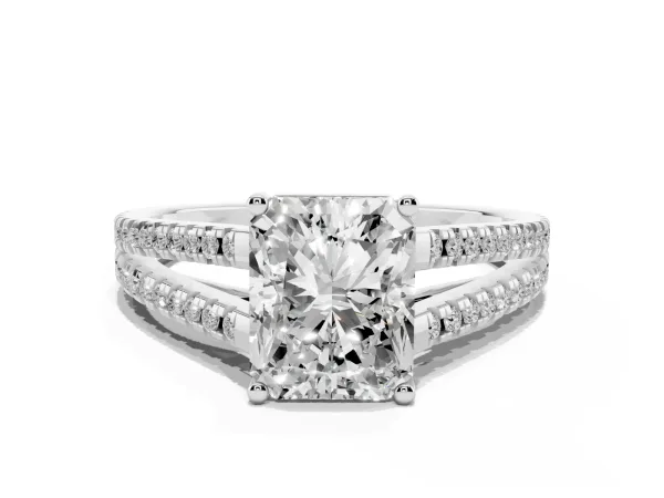 Radiant Cut Diamond Solitaire Engagement Ring with Split Shank Pavé Band White gold