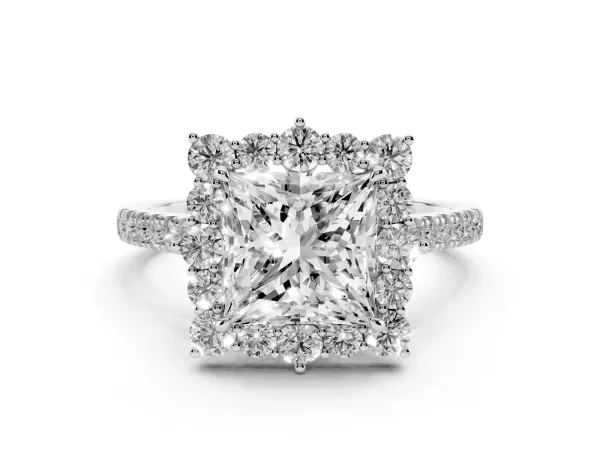 Princess Cut Halo Diamond Ring with Pavé Band and Prong Setting White gold