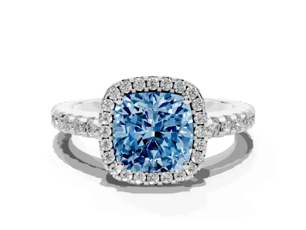 Fancy Blue Cushion Cut Diamond Halo Engagement Ring with Pavé Band and Prong Setting White gold