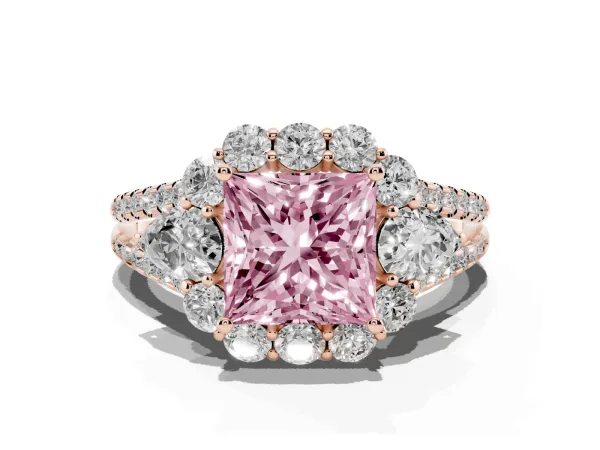 Fancy Pink Princess Cut Halo Split Shank Diamond Engagement Ring with Prong Setting Rose gold