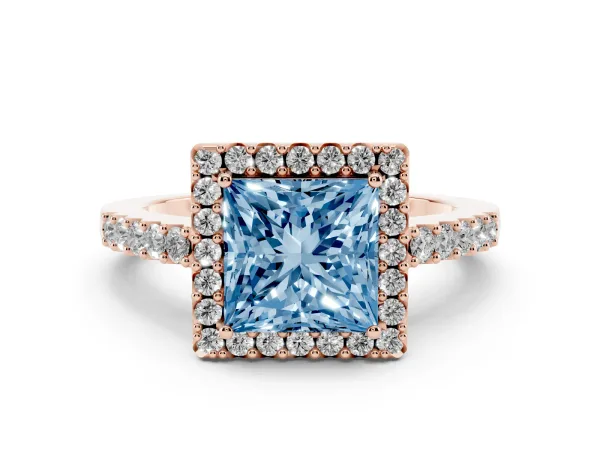 Fancy Blue Princess Cut Halo Diamond Pavé Solitaire Ring Rose gold