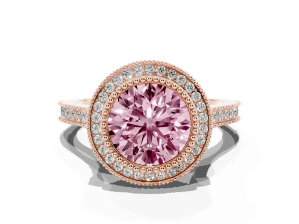 Fancy Pink Round Cut Diamond Halo Ring with Milgrain Frame and Pavé Band Rose gold