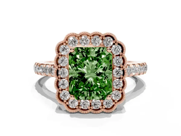 Fancy Green Radiant Cut Cut Diamond Milgrain Floral Halo Engagement Ring with Pavé Band Rose gold