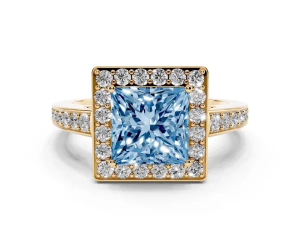 Fancy Blue Princess Cut Halo Pavé Diamond Engagement Ring with Bezel Setting Yellow gold