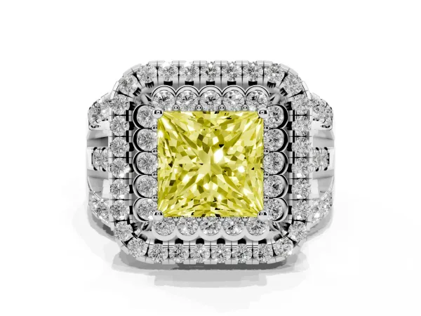 Fancy Yellow Princess Cut Diamond Double Halo Ring with Round Pavé Split Shank and Prong Setting White gold