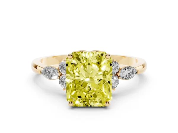 Fancy Yellow Radiant Cut Brilliant Diamond Solitaire Ring with Pear Side Stones and Four-Prong Setting Yellow gold