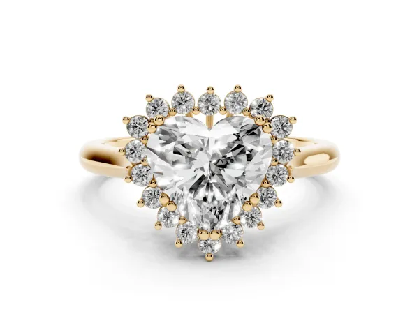 Heart Cut Cut Diamond Halo Ring with Solitaire Band and Prong Setting Yellow gold