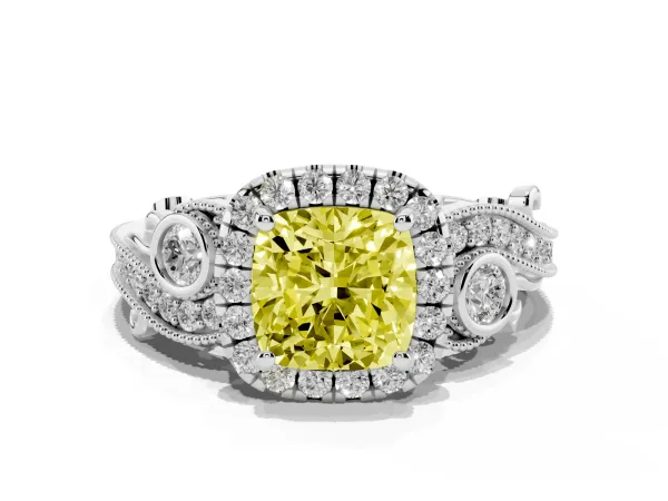 Fancy Yellow Cushion Cut Diamond Halo Ring with Milgrain Pavé Band and Four-Prong Setting White gold