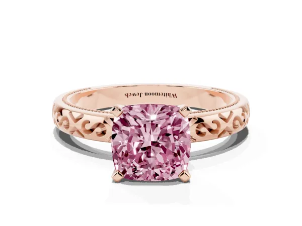 Fancy Pink Cushion Cut Solitaire Engagement Ring with Scrollwork Band and Four-Prong Setting Rose gold