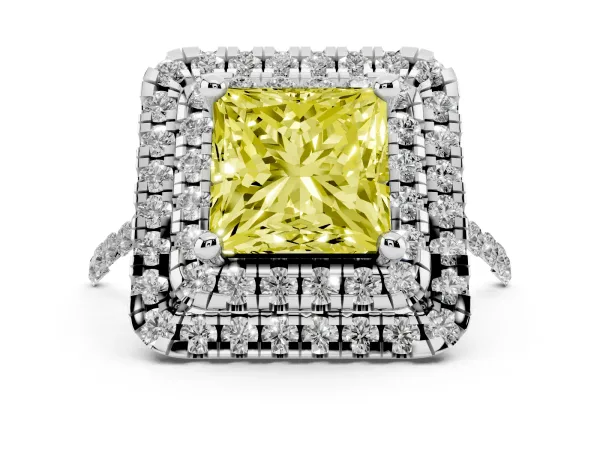 Fancy Yellow Double Halo Princess Cut Diamond Pavé Band with Four-Prong Setting White gold