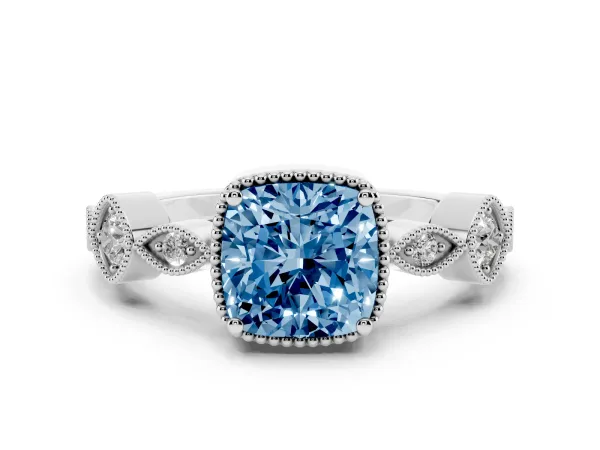 Fancy Blue Cushion Cut Diamond Vintage Milgrain Ring with Round Stations White gold