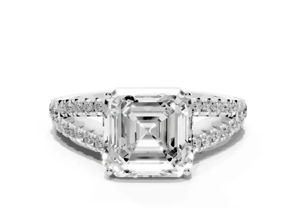 Asscher Cut Diamond Split Shank Engagement Ring with Round Pavé and Prong Setting White gold