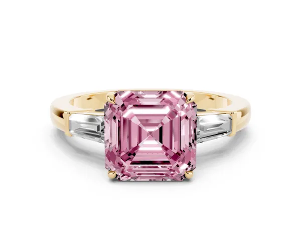 Fancy Pink Asscher Cut Diamond Three-Stone Ring with Tapered Baguette Side Stones and Prong Setting Yellow gold