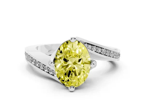 Fancy Yellow Oval Cut Solitaire Diamond Twist Band with Pavé Setting and Four-Prong Setting Platinum