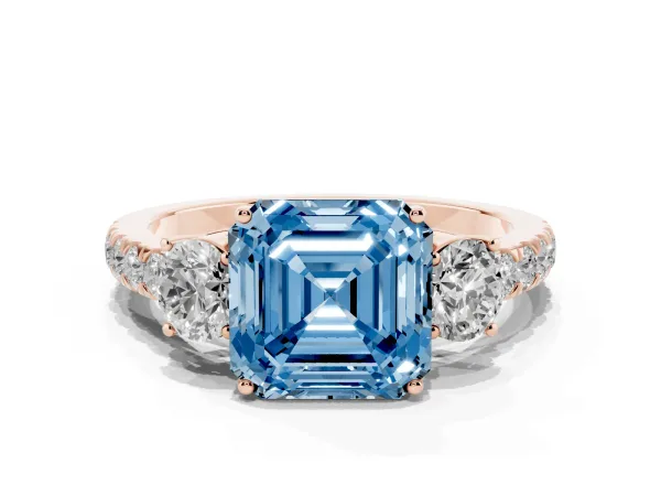 Fancy Blue Asscher Cut Cut Diamond Three-Stone Ring with Round Side Stones and Pavé Band Rose gold