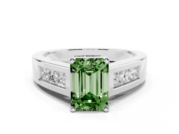 Fancy Green Emerald Cut Cut Channel Set Solitaire Ring with Four-Prong Setting Platinum