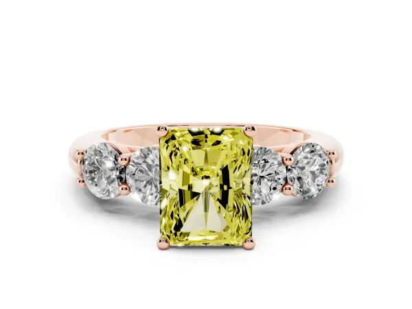 Fancy Yellow Radiant Cut Cut Five-Stone Prong Set Diamond Ring with Classic Band Rose gold