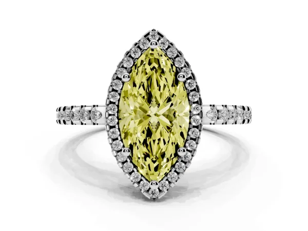 Fancy Yellow Marquise Cut Diamond Halo Engagement Ring with Pavé Band and Prong Setting White gold