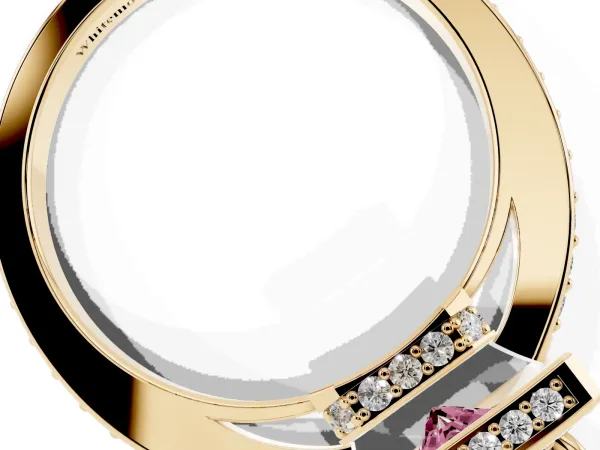Fancy Pink Radiant Cut Halo Pave Band Solitaire Ring with Prong Setting Yellow gold