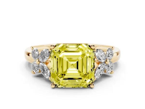 Fancy Yellow Asscher Cut Diamond Floral Cluster Ring with Solitaire Band and Prong Setting Yellow gold