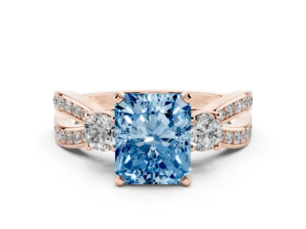 Fancy Blue Three-Stone Radiant Cut Cut Diamond Twist Band with Prong Setting Rose gold