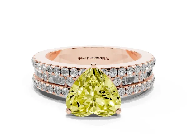 Fancy Yellow Heart Cut Diamond Solitaire Ring with Pavé and Channel Set Band Rose gold
