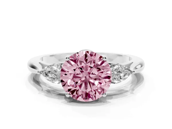 Fancy Pink Three-Stone Round Cut Diamond Ring with Pear Side Stones in Four-Prong Setting White gold