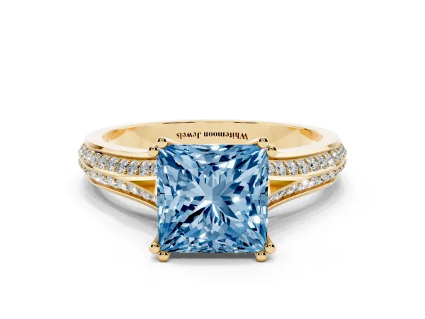 Fancy Blue Princess Cut Diamond Split Shank Engagement Ring with Pavé Band Yellow gold