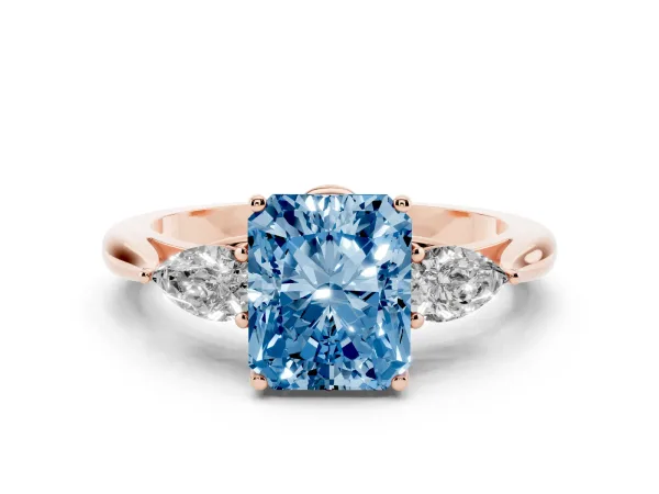 Fancy Blue Three-Stone Radiant Cut Brilliant Diamond Solitaire Ring with Tapered Band and Four-Prong Setting Rose gold