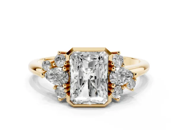 Radiant Diamond Engagement Ring with Pear and Round Side Stones Yellow gold