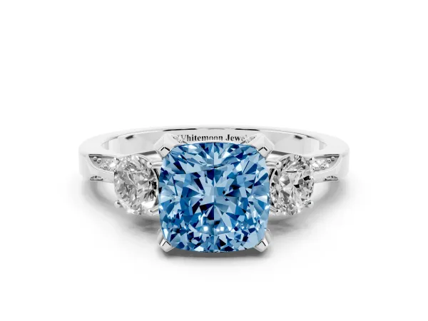 Fancy Blue Cushion Cut Brilliant Three-Stone Diamond Ring with Pavé Band and Four-Prong Setting Platinum