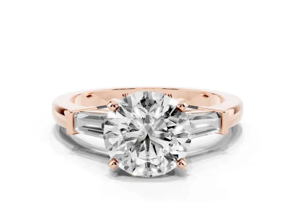 Round Cut Cut Diamond Solitaire Ring with Tapered Baguette Accents and Four-Prong Setting Rose gold