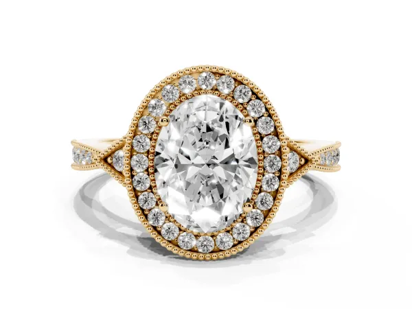 Oval Cut Halo Round Diamond Milgrain Pave Engagement Ring Yellow gold