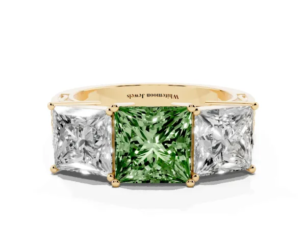Fancy Green Princess Cut Diamond Three-Stone Ring with Prong Setting and Textured Band Yellow gold