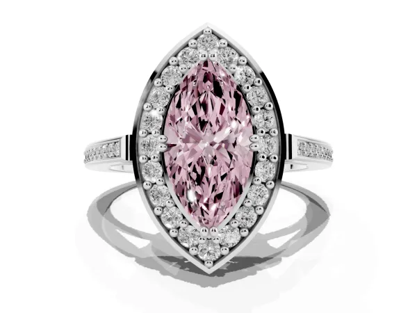 Fancy Pink Marquise Cut Diamond Halo Ring with Split Shank and Four-Prong Setting Platinum
