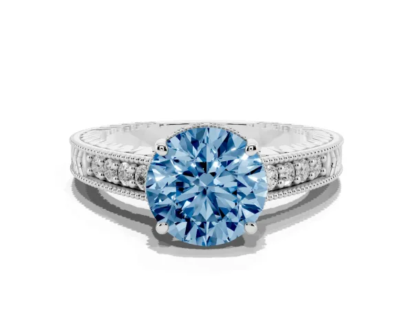 Fancy Blue Round Cut Solitaire Pavé Diamond Milgrain Engagement Ring with Four-Prong Setting White gold
