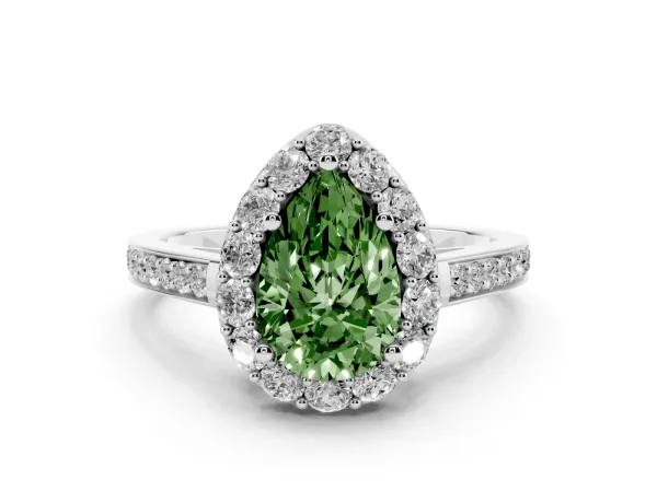 Fancy Green Pear Cut Diamond Floral Halo Ring with Pavé Band and Prong Setting White gold