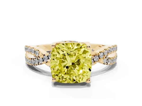 Fancy Yellow Cushion Cut Solitaire Twist Pave Diamond Engagement Ring with Prong Setting Yellow gold