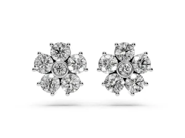 Round Diamond Flower Stud Earrings with Diamond Accent Platinum