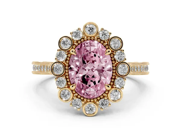 Fancy Pink Oval Cut Halo Milgrain Pave Diamond Ring with Four-Prong Setting Yellow gold