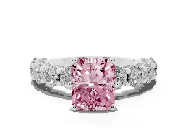 Fancy Pink Radiant Cut Diamond Side Stone Engagement Ring with Four-Prong Setting Platinum