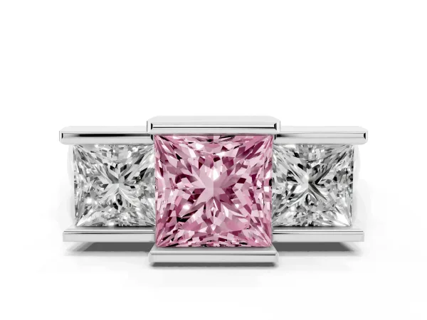 Fancy Pink Three Stone Princess Cut Cut Channel Set Diamond Ring Platinum