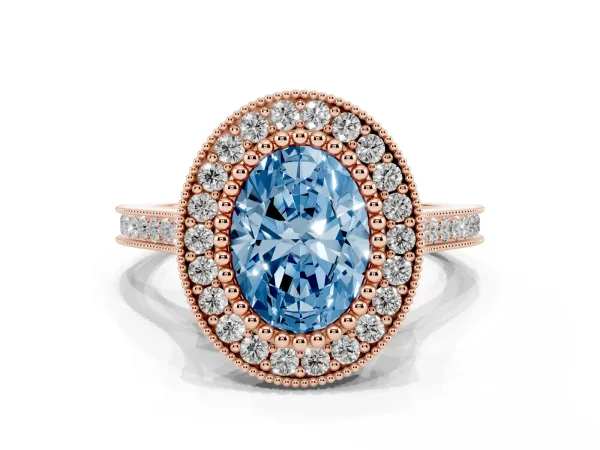 Fancy Blue Oval Cut Diamond Halo Ring with Milgrain Frame and Pavé Band Rose gold