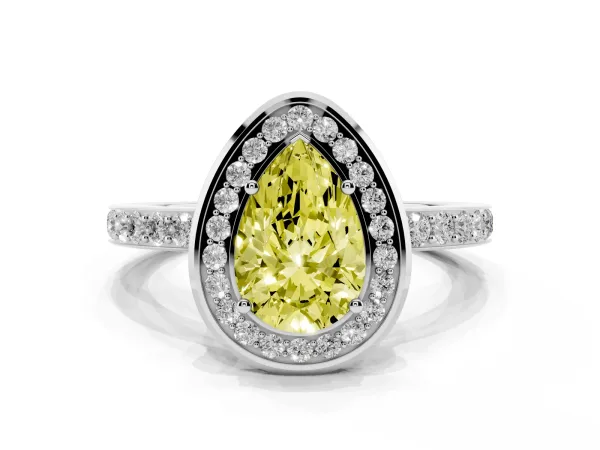 Fancy Yellow Pear Cut Diamond Halo Ring with Bezel Frame and Pavé Band Platinum