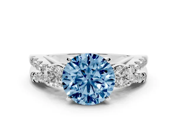 Fancy Blue Round Cut Diamond Three-Stone Ring with Pavé Split Shank and Four-Prong Setting Platinum