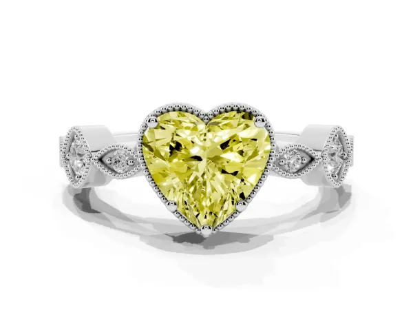 Fancy Yellow Heart Cut Diamond Vintage Milgrain Ring with Round Stations White gold