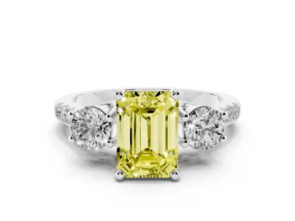 Fancy Yellow Three-Stone Emerald Cut Diamond Pavé Band with Four-Prong Setting White gold