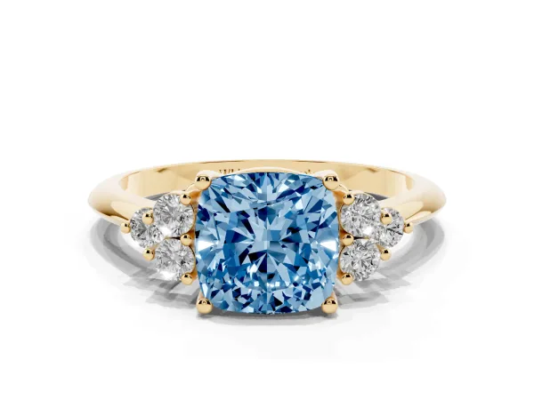 Fancy Blue Cushion Cut Cut Diamond Cluster Ring with Solitaire Band and Four-Prong Setting Yellow gold