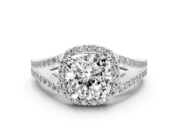 Cushion Cut Halo Split Shank Diamond Ring with Prong Setting Platinum